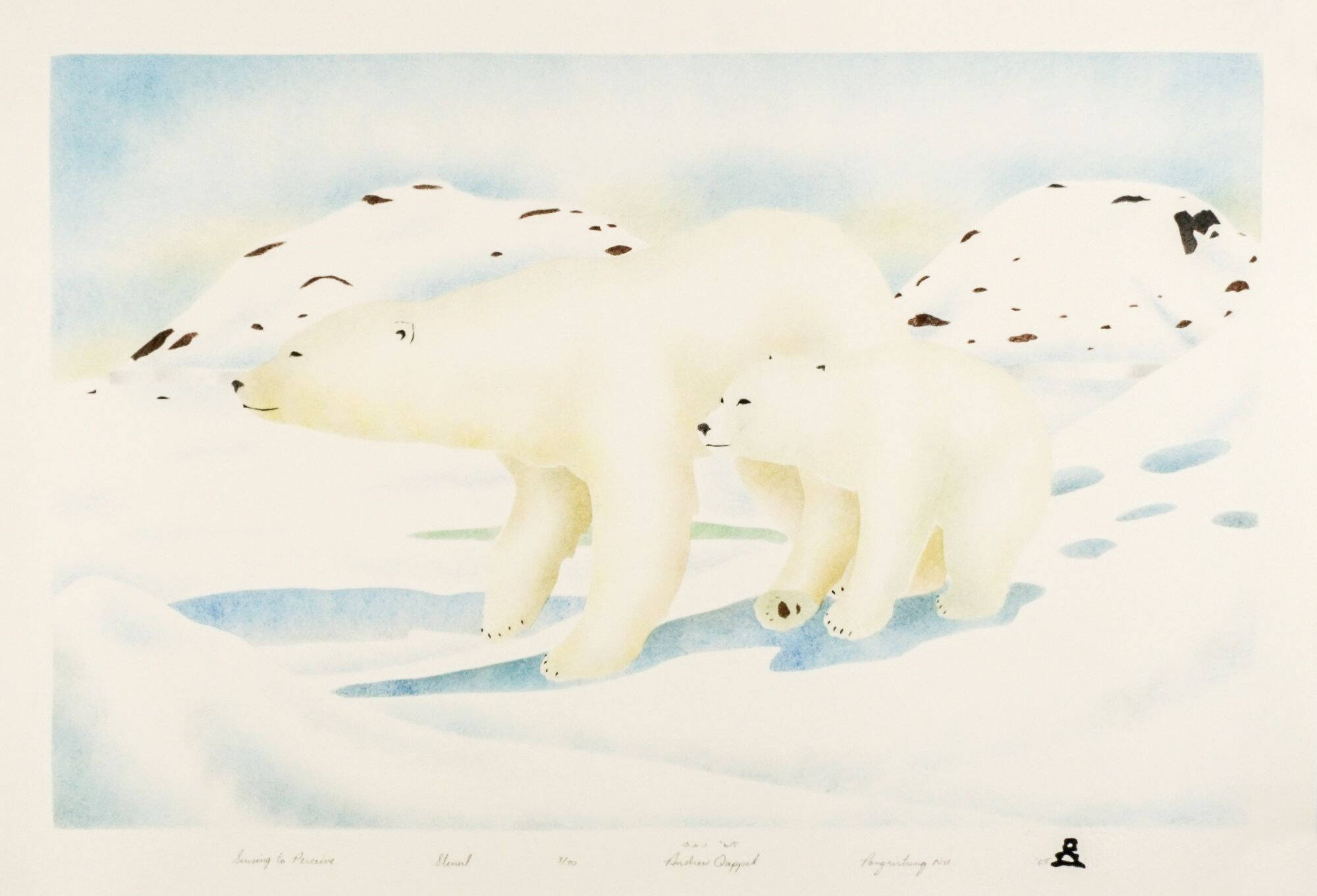Illustration of two polar bears walking a snowy tundra, large one on the left, small one on the right, walking in the snow and leaving footprints.